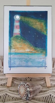 Oil painting of lighthouse and stars accented with stitching.