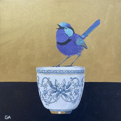 Fairy wren on Chinese cup