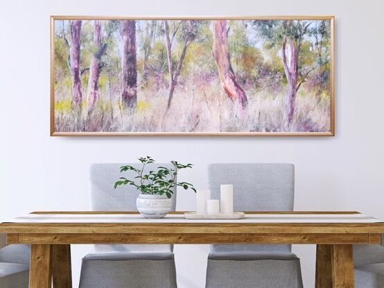 Long thin impressionistic woodland landscape of saplings and grassland with neutral earth colours, mauve, pale green and ochre. Spring wildflowers of mauve ramble across the centre. 