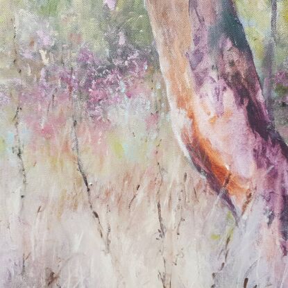 Long thin impressionistic woodland landscape of saplings and grassland with neutral earth colours, mauve, pale green and ochre. Spring wildflowers of mauve ramble across the centre. 