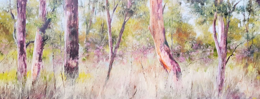 Long thin impressionistic woodland landscape of saplings and grassland with neutral earth colours, mauve, pale green and ochre. Spring wildflowers of mauve ramble across the centre. 