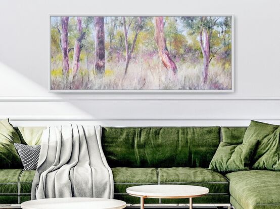 Long thin impressionistic woodland landscape of saplings and grassland with neutral earth colours, mauve, pale green and ochre. Spring wildflowers of mauve ramble across the centre. 