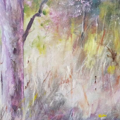 Long thin impressionistic woodland landscape of saplings and grassland with neutral earth colours, mauve, pale green and ochre. Spring wildflowers of mauve ramble across the centre. 