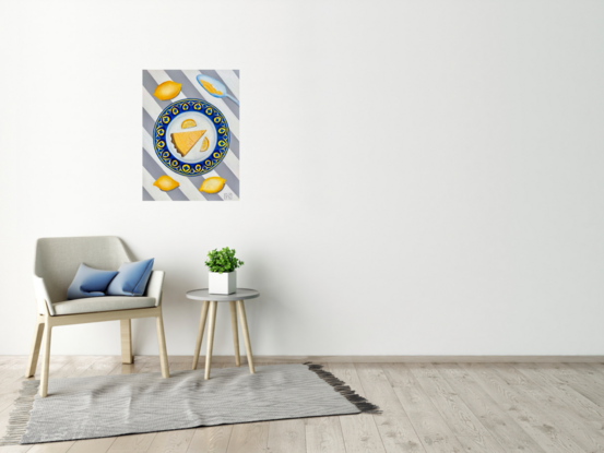 Slice of citrus tart on a blue and yellow plate on striped grey and white tablecloth 