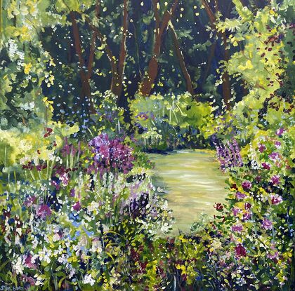 A beautiful flower garden with pink roses and an assortment of other flowers in all their colourful splendour in front of a dark woods. There is an air of mystery and enchantment in this light filled garden. You are waiting for a magical creature to appear! 