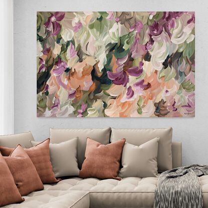 large colourful nature and floral inspired abstract painting in dusty pink, apricot, dark green, pink, blush colours