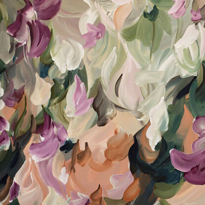 large colourful nature and floral inspired abstract painting in dusty pink, apricot, dark green, pink, blush colours