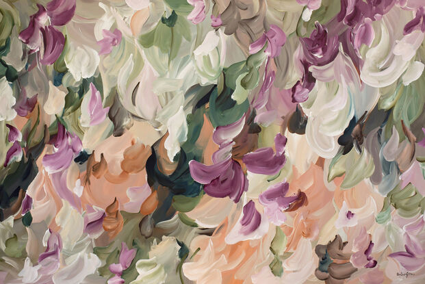 large colourful nature and floral inspired abstract painting in dusty pink, apricot, dark green, pink, blush colours