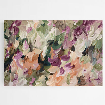 large colourful nature and floral inspired abstract painting in dusty pink, apricot, dark green, pink, blush colours