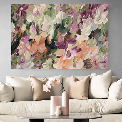 large colourful nature and floral inspired abstract painting in dusty pink, apricot, dark green, pink, blush colours