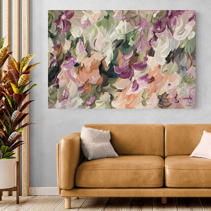 large colourful nature and floral inspired abstract painting in dusty pink, apricot, dark green, pink, blush colours