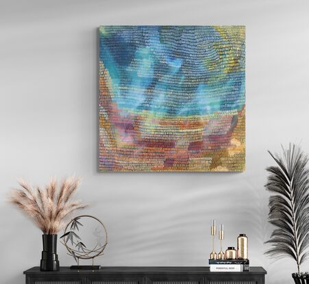 Absence of limitations is an abstract landscape inspired by the ocean and beach, a pixelated view from above,  a veneer of mark making features across this landscape, in sandy colours and ocean blues.