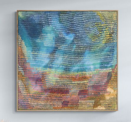 Absence of limitations is an abstract landscape inspired by the ocean and beach, a pixelated view from above,  a veneer of mark making features across this landscape, in sandy colours and ocean blues.