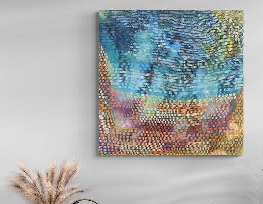 Absence of limitations is an abstract landscape inspired by the ocean and beach, a pixelated view from above,  a veneer of mark making features across this landscape, in sandy colours and ocean blues.