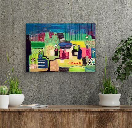 colorful abstract bali landscape with figures