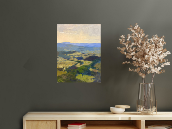 Painted en-plein-air up in the Blue Mountains on a hot afternoon. The view stretches into the hazy distance, land spotted with trees, paddocks, and waterholes.  A classic Australian pastoral scene.