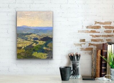 Painted en-plein-air up in the Blue Mountains on a hot afternoon. The view stretches into the hazy distance, land spotted with trees, paddocks, and waterholes.  A classic Australian pastoral scene.