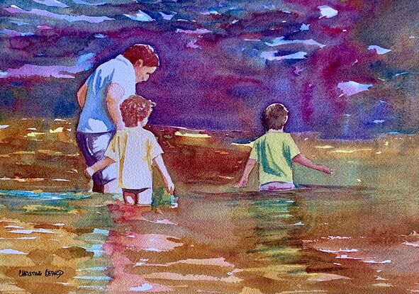 An artwork showing a family wading through a river. 