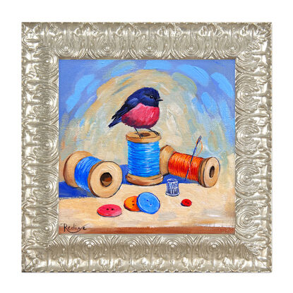 Pink Robin bird and thread spools original painting by Irina Redine. Pink bird and sewing accessories framed artwork one of a kind, gift idea