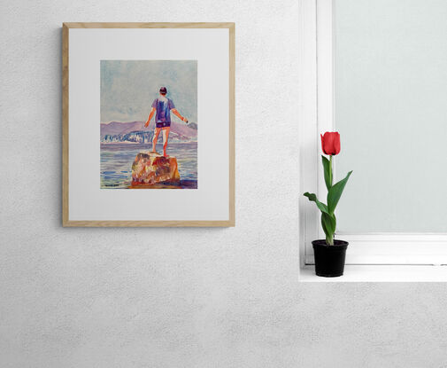 An artwork showing a young girl walking toward the sea arms outstreched with a sassy attitude. 