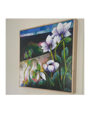 a painting of anenomes created in brisbane, 60x60cm framed 65x65 cm 