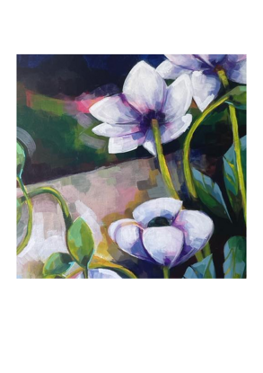 a painting of anenomes created in brisbane, 60x60cm framed 65x65 cm 