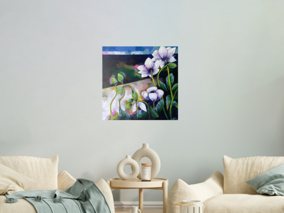 a painting of anenomes created in brisbane, 60x60cm framed 65x65 cm 