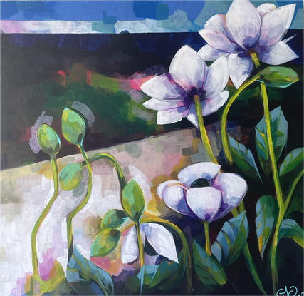 a painting of anenomes created in brisbane, 60x60cm framed 65x65 cm 