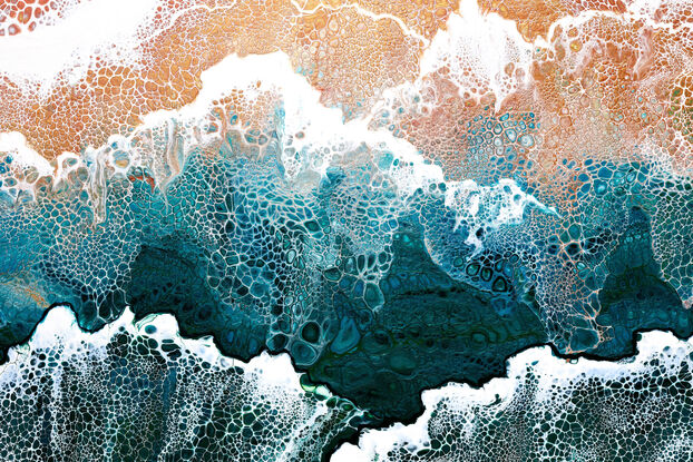 ABSTRACT painting that gives the impression of soothing ocean waves lapping in to soft sandy beach with slow easy waves creating crests of white..  The intricate mosaic pattern within the tonal green hues and tones of teal and aquamarine and deep blue hues and the glimmering metallics adds added interest and intrigue. The water seems to sparkle like jewels.
The closer you get to the painting the more of the interesting details and patterns you can see. Metallics add an extra depth because the painting changes personality when one views from different angles.
although it is an impressionistic abstract, it still has a sense of motion of waves moving and frothing white!!