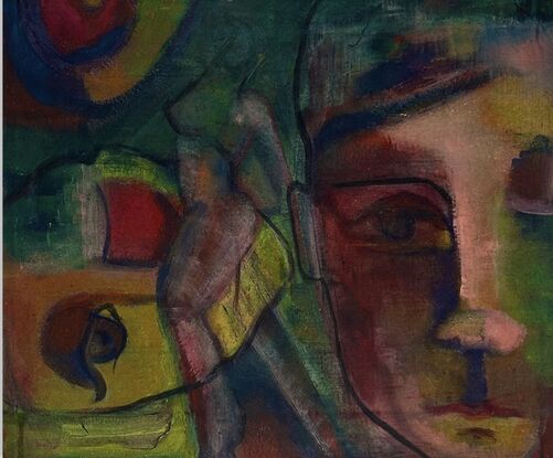 Colourful abstract face and figure on fabric wallhanging. Ready to hang.