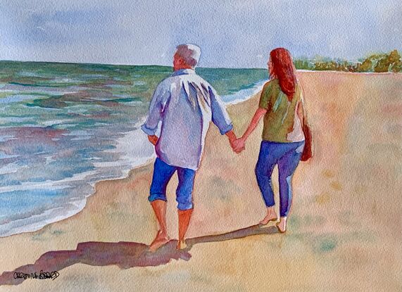 An artwork showing a couple walking hand in hand on the beach.