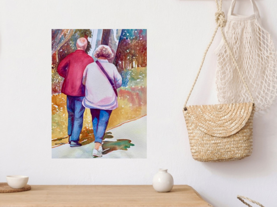 An artwork showing a couple walking along a sunny street.
