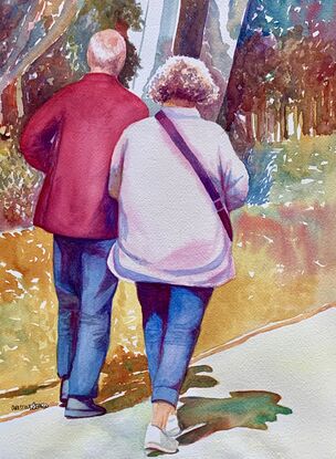 An artwork showing a couple walking along a sunny street.
