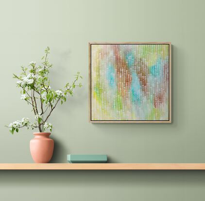 Soft pastel abstract background with sienna and light greens,  Hints of turquoise water, covered in a veneer of mark making in blush and cream giving movement to the work.