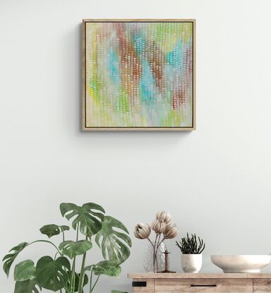 Soft pastel abstract background with sienna and light greens,  Hints of turquoise water, covered in a veneer of mark making in blush and cream giving movement to the work.