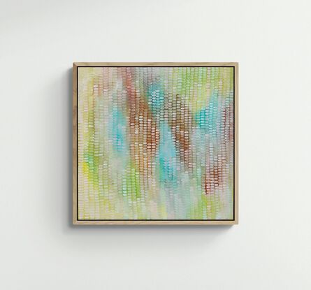 Soft pastel abstract background with sienna and light greens,  Hints of turquoise water, covered in a veneer of mark making in blush and cream giving movement to the work.