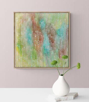 Soft pastel abstract background with sienna and light greens,  Hints of turquoise water, covered in a veneer of mark making in blush and cream giving movement to the work.