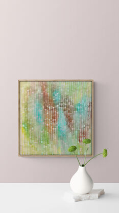 Soft pastel abstract background with sienna and light greens,  Hints of turquoise water, covered in a veneer of mark making in blush and cream giving movement to the work.