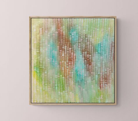 Soft pastel abstract background with sienna and light greens,  Hints of turquoise water, covered in a veneer of mark making in blush and cream giving movement to the work.