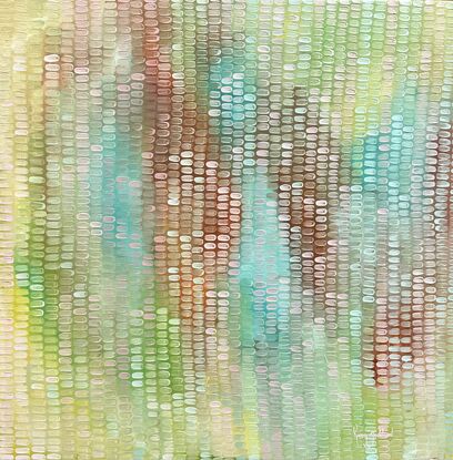 Soft pastel abstract background with sienna and light greens,  Hints of turquoise water, covered in a veneer of mark making in blush and cream giving movement to the work.