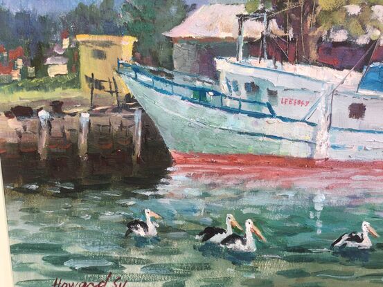 This is the work I pleinair at Woollongong Fishing Harbour.  Thick clouds in the sky and the weather is very warm. A fishing boat is docked at the pier and several water birds are swimming across the water. What a lively scene!