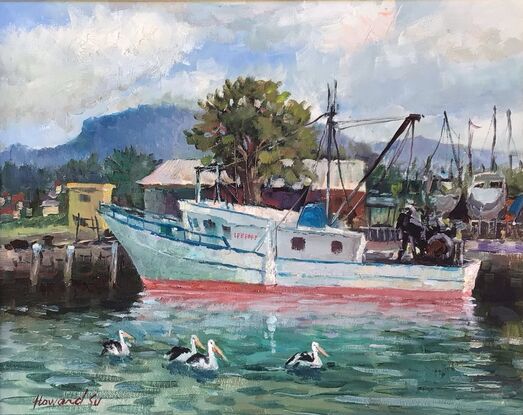 This is the work I pleinair at Woollongong Fishing Harbour.  Thick clouds in the sky and the weather is very warm. A fishing boat is docked at the pier and several water birds are swimming across the water. What a lively scene!