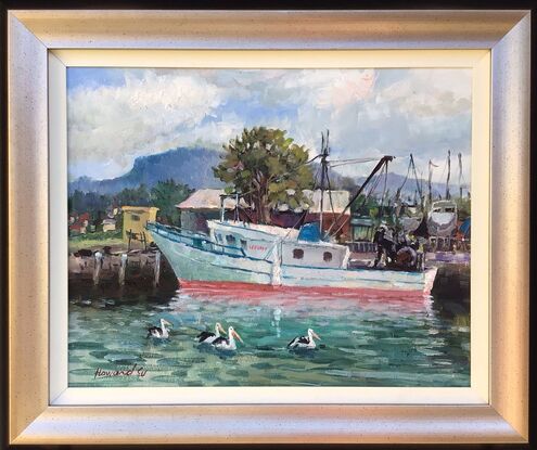 This is the work I pleinair at Woollongong Fishing Harbour.  Thick clouds in the sky and the weather is very warm. A fishing boat is docked at the pier and several water birds are swimming across the water. What a lively scene!