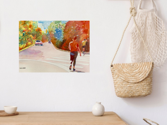 An artwork showing a woman crossing the high street.
