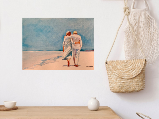 An artwork showing a couple in white walking across pristine white beach. 