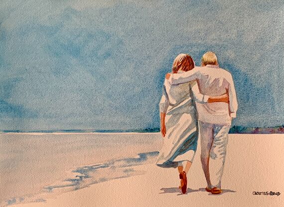 An artwork showing a couple in white walking across pristine white beach. 