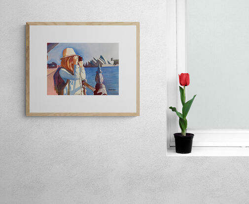 An artwork showing a woman photographing buildings across Sydney Harbour.
