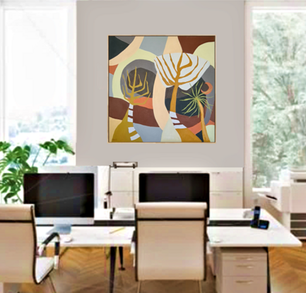 In this landscape I have used a limited color palette of complementary and analogous colors, to create a harmonious and impactful painting. The texture I’ve applied to the canvas adds depth and visual interest.  My aim was for an exotic garden beautifully planted with bold structured plants – suitable for today’s modern home.