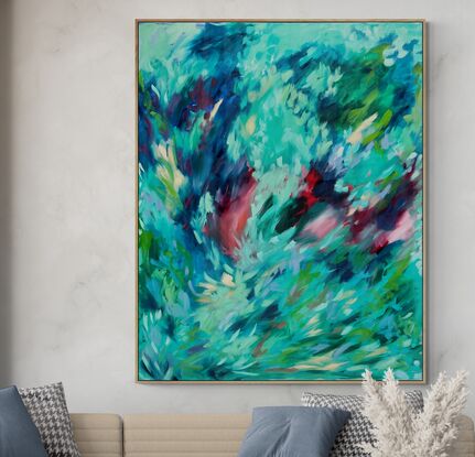 Deep greens and blues, with hints of coral and rocks, covered in a veneer of lighter ocean coloured brush strokes, in a Rhythmic composition, emulating the movement of the ocean.