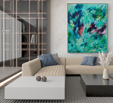 Deep greens and blues, with hints of coral and rocks, covered in a veneer of lighter ocean coloured brush strokes, in a Rhythmic composition, emulating the movement of the ocean.